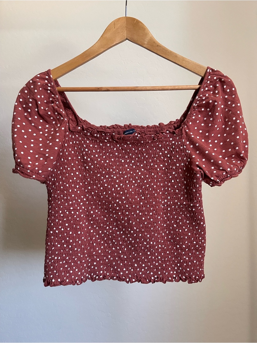 American Eagle Outfitters Rust Polka Dot Smocked Puff Sleeve Crop Top